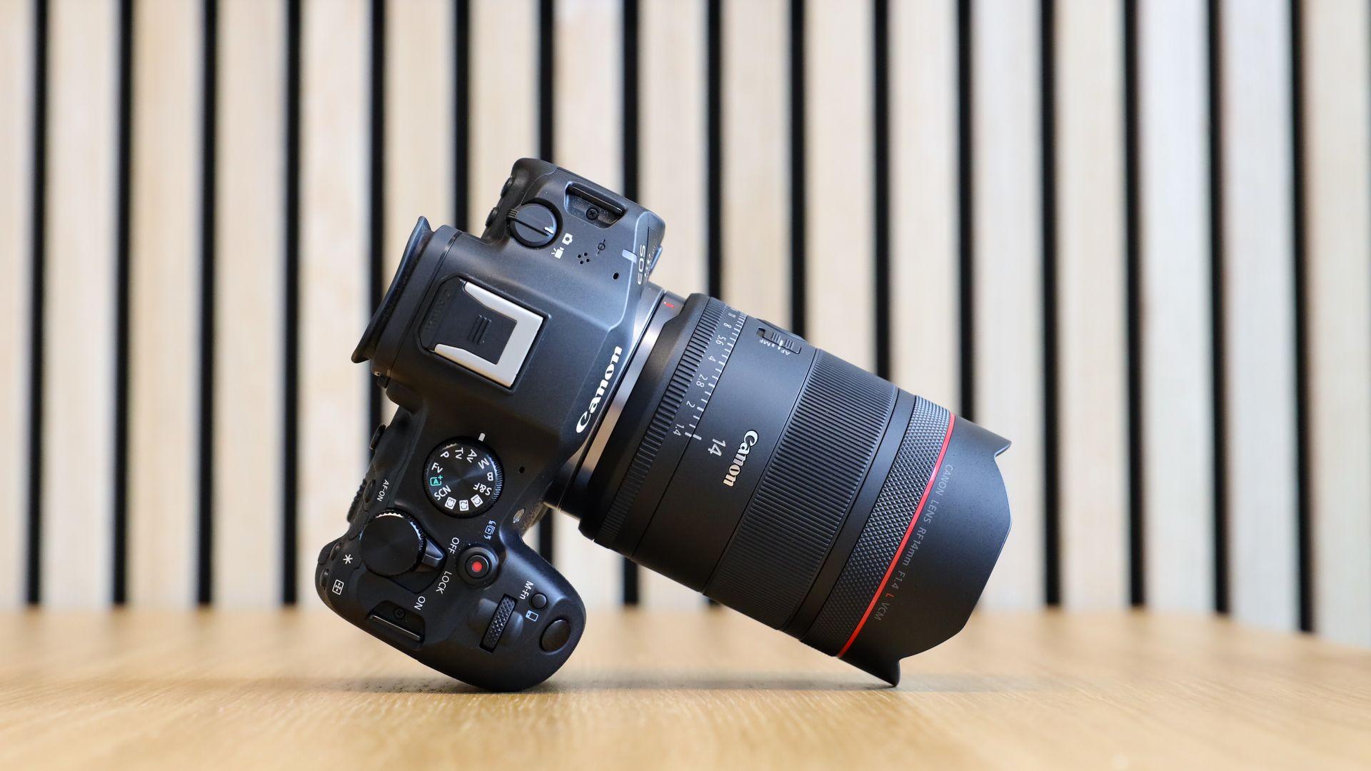Canon EOS R6Mark III camera with Canon RF14mm f/1.4L VCM lens attached, on a wooden table